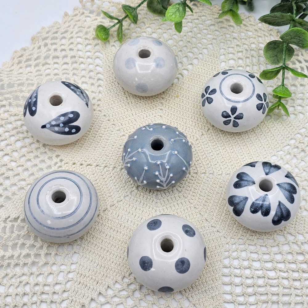 7pc Blue White Ceramic Drawer Knobs Hand Painted Floral Polka Dot Cabinet Pulls